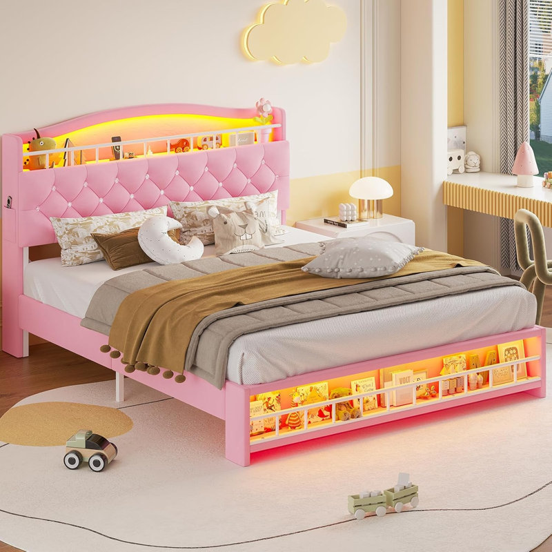 Princess Bed Frame With Led Lights And Charging Station, Velvet Upholstered Platform Bed With Headboard & Guardrail & Crystal Button