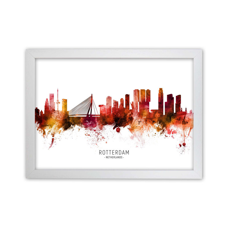 Rotterdam Netherlands Skyline Red City Name by Michael Tompsett - Print, 46cm H x 63cm W x 3cm D, White Framed