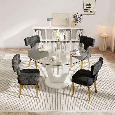 Ensemble de salle à manger sur pied moderne en verre trempé avec chaise capitonnée Chenille