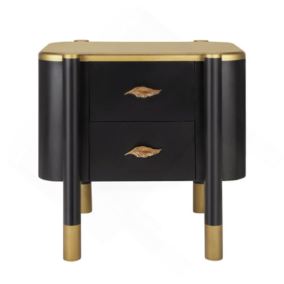 Contemporary 2 Drawers Nightstand With Curved Profile Design, Bedside Table With Metal Feather-Shaped Handles And Exposed Legs, End Table For Living Room And Bedroom, Easy Assembly