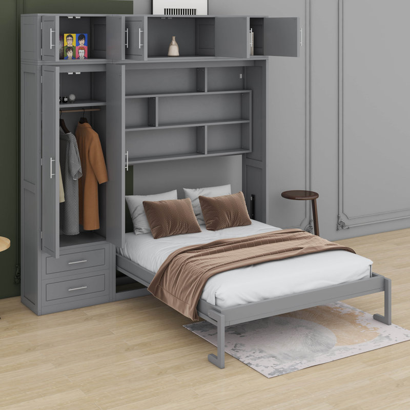 Grand lit escamotable mural avec armoire supérieure, tablettes et garde-robe, gris