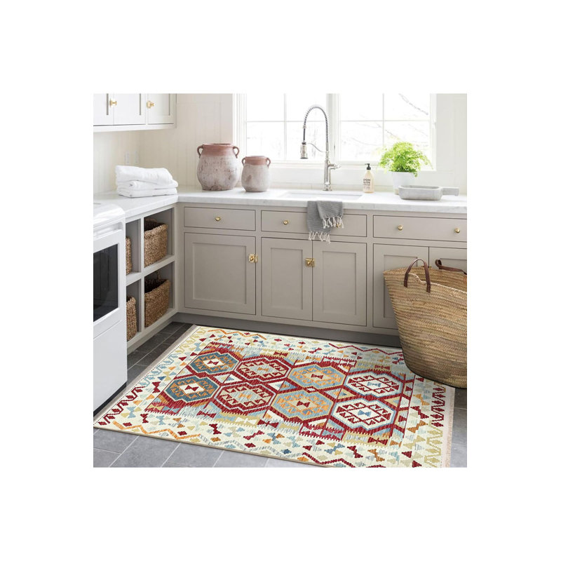 Tapis décoratif lavable à motifs géométriques multicolores, Sous-tapis rectangulaire 2 pi 4 po x 3 pi 11 po