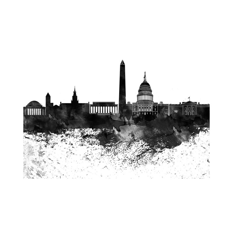 Washington Skyline Black & White Drops by WallDecorAddict - Wrapped Canvas Painting, 30.48 cm H x 45.72 cm W