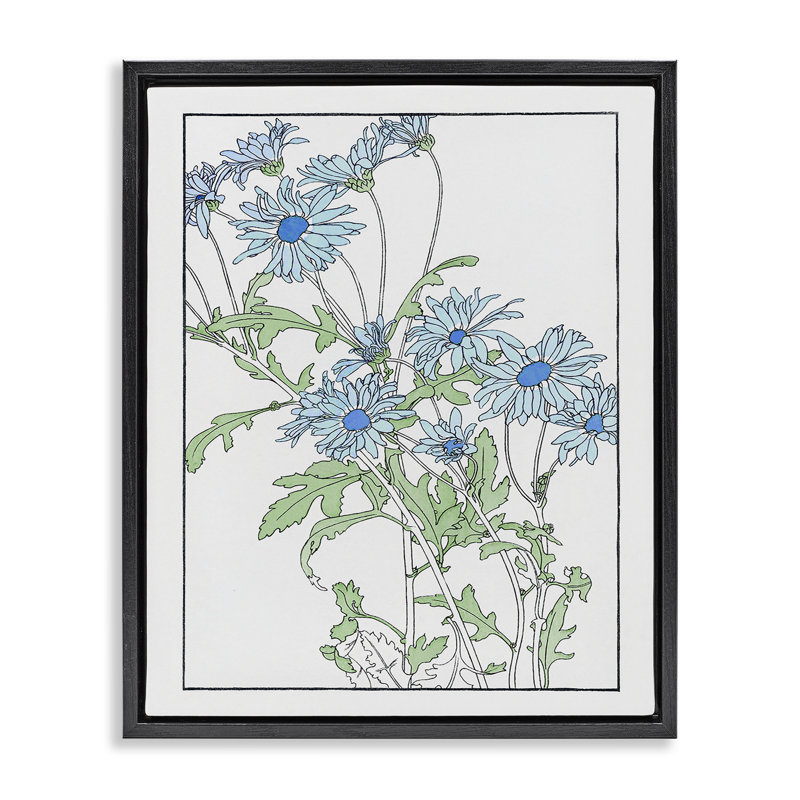 Contour bleu marguerites détaillées, Cadre flottant noir de jais, H 21 po x l 17 po