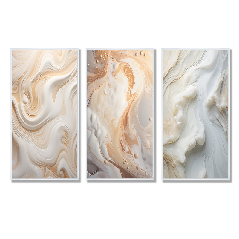 Abstract Milky White Flow, 40'' H x 60'' W, White Floater Framed