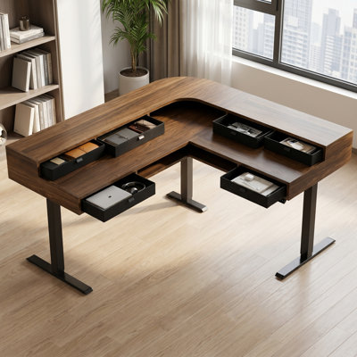 L-Shaped Electric Standing Desk, 65.5" x 57.6" Dual-Level Height Adjustable Corner Desk with 6 Storage Drawers, Power Strip Tray & Cable Management for Home Office & Gaming