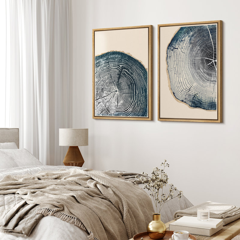 Navy Blue Wood Tree Ring Simple Minimalist Modern Artwork Framed Canvas 2 Pieces Print Wall Art, 48" W x 36" H