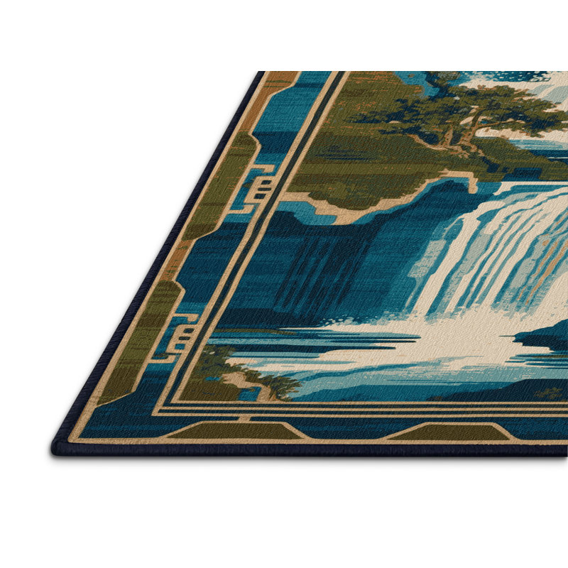 Machine Washable Art Deco Blue Area Rug, Rectangle 3' x 5'