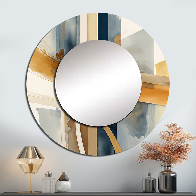 Orphus moderne bleu et or abstrait I - grand miroir mural transitionnel, miroir décoratif rond moderne, impression d'art en métal