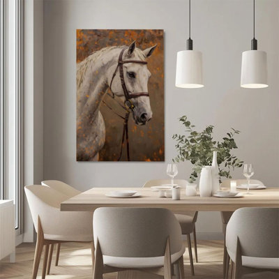 1Pc Framed Canvas Poster Print White Horse Portrait, Bridle Details, Realistic Oil Painting Style Wall Art Decor, Perfect for Room Decor Living Room Bedroom Office Kitchen Bathroom Home Decor, Ideal Home Wall Decoration Gift