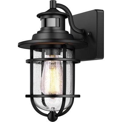 Motion Sensor Outdoor Wall Lantern - Dusk To Dawn Waterproof Exterior Sconce, Seeded Glass Black Fixture, E26 Socket Wall Mount For Porch Doorway Garage