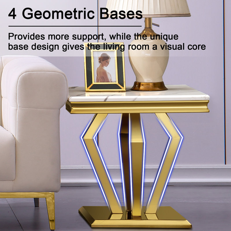 Modern White Marble Coffee Table Set with Gold Diamond-Shaped Base