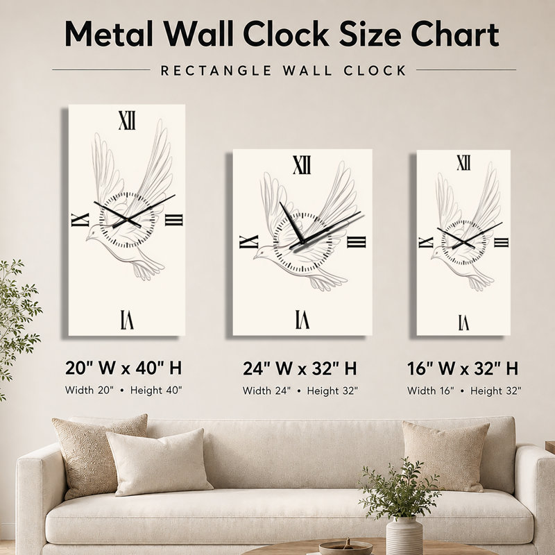 Horloge murale minimaliste en métal, silhouette de colombe en vol - Style scandinave, H 40 po x l 20 po - Rectangle