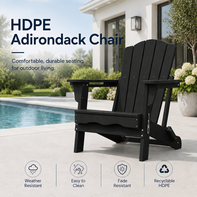 Pakkdiarie All-Weather HDPE Folding Adirondack Chair with Cup Holder for Patio & Garden, Black