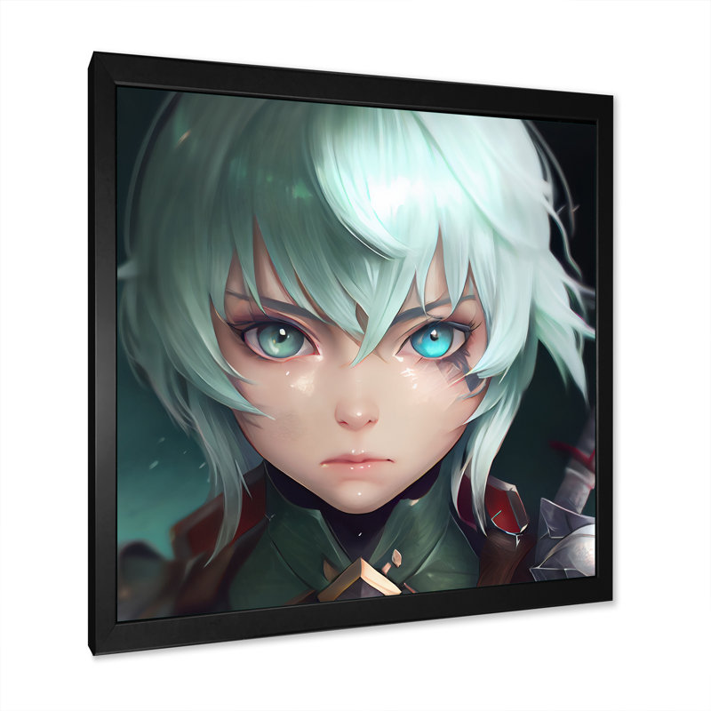Garçon animé aux yeux turquoise - reproduction sur toile, Impression noire sur toile encadrée, L 16 po x H 16 po