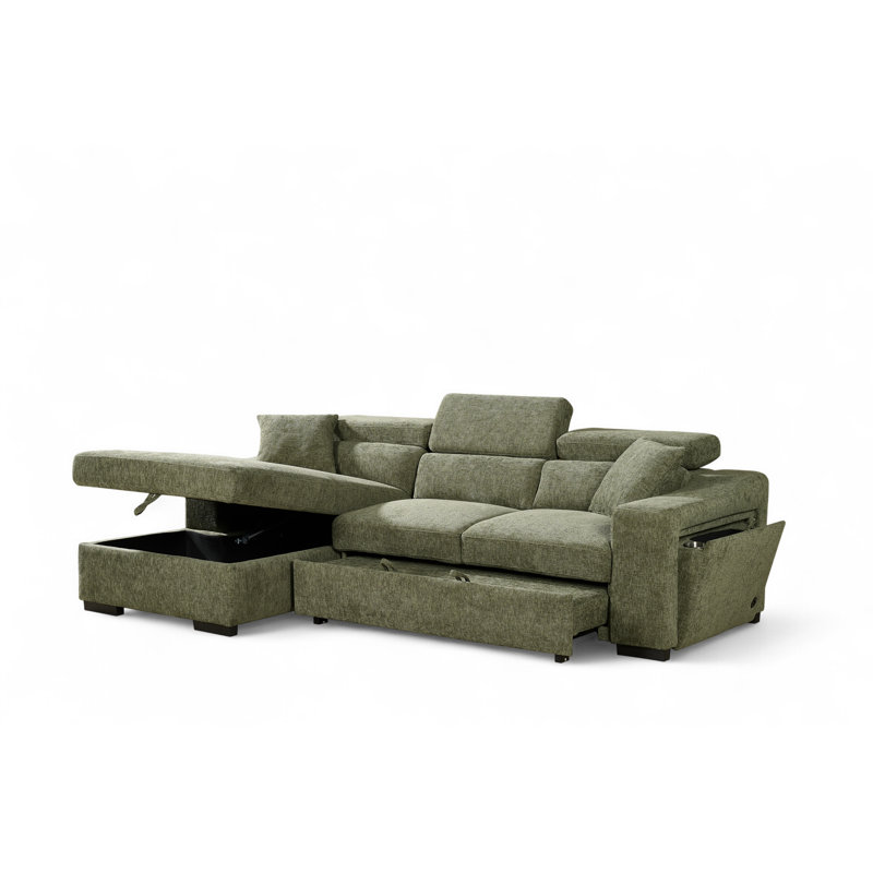 4 Seater Sofa Bed, Green Chenille, Left Hand Facing