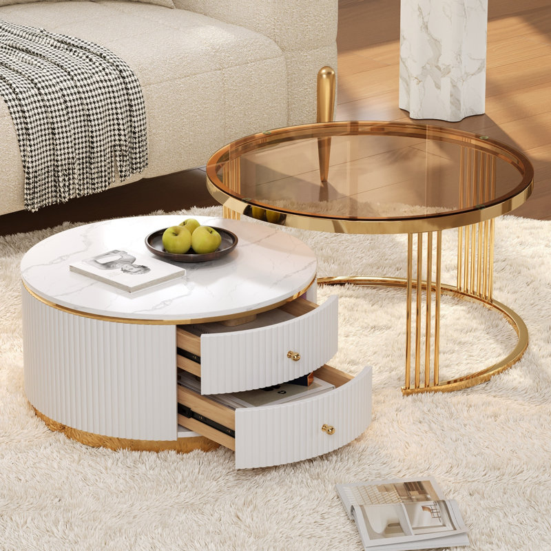 Table basse gigogne moderne 2 pièces avec tiroirs et plateau en verre trempé brun moderne, Brun / Blanc