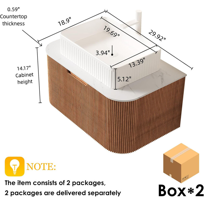 Meuble-lavabo 30 po avec lavabo, lavabo en céramique et plateau en marbre, tiroir à fermeture en douceur, pré-assemblé, Brun