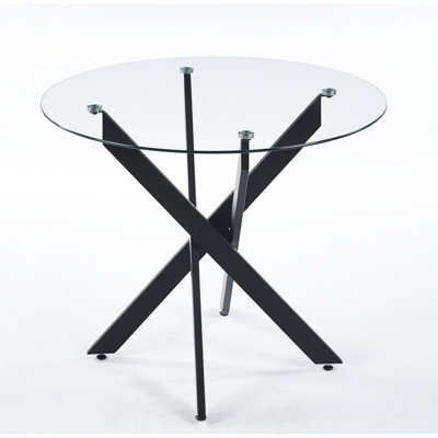 Modern Black Glass Dining Table With Cross Metal Legs, Adjustable For Kitchen Or Living Room, 29.33 In Height, Easy Assembly Space - Saving Legs And Tempered Glass, 40.89 Lb, Stable Stylish