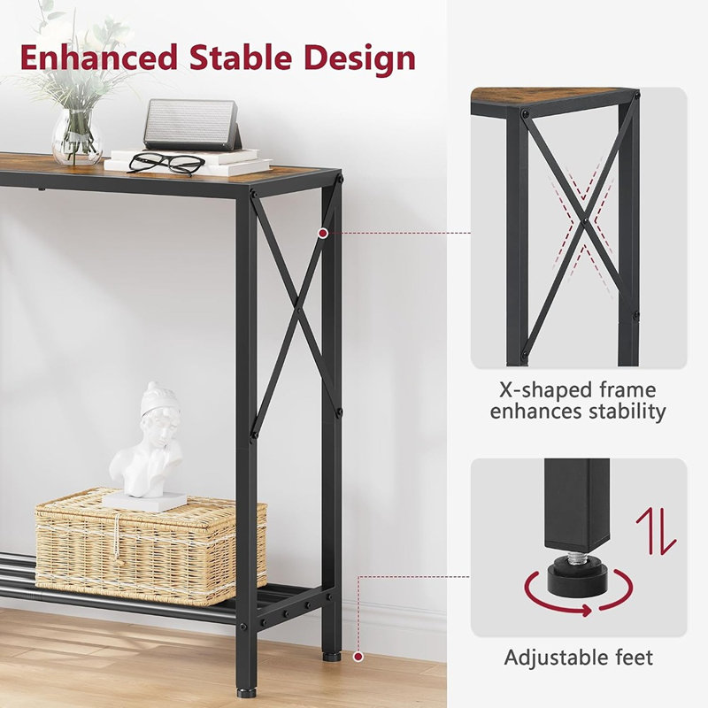 Console étroite à 2 niveaux avec structure en X, table d'appoint rustique brun avec étagères de rangement pour l'entrée et le salon