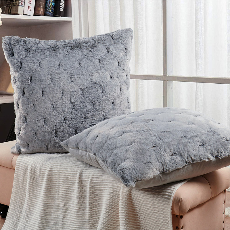 Jacquard Rabbit Faux Fur Pillow Cover, Silver Gray, 26'' x 26''