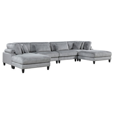 6 Modular Sectional In Gray Corduroy Style - 2 Armless Chairs, Corner Seats, Ottomans And Breathtaking Pillows Contemporary 6Pc With Fabric Tempting