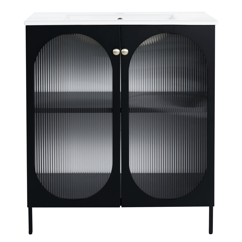 Armoire de salle de bain autoportante de 30 po, lavabo en céramique, acier laminé à froid et double porte à chaleur, tablettes réglables, poignées en métal, meuble-lavabo noir avec lavabo - système en acier