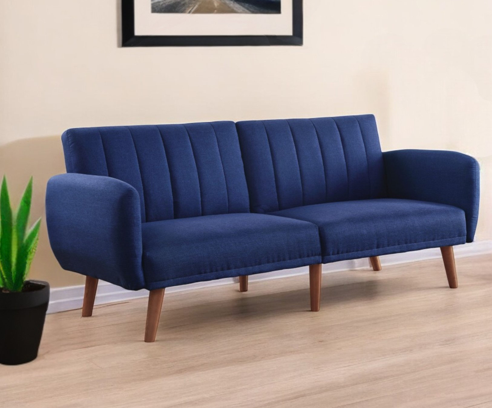 George Oliver 76" Blue Linen Convertible Futon Sleeper Sofa With Wood ...