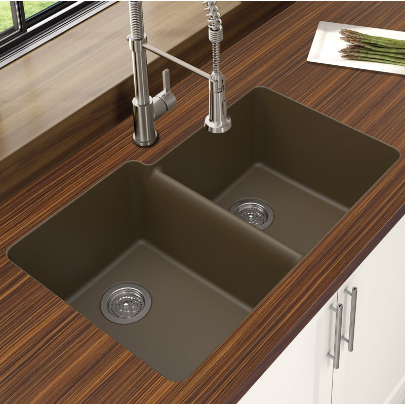 Évier de cuisine en granite à double cuve encastrable L 33 po x l 21 po, Moka