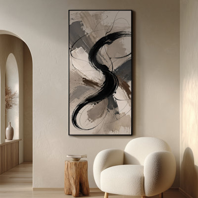 Très grand art mural imprimé sur toile - Abstrait moderne en forme de S noir avec fond neutre pour le salon ou la chambre à coucher - «Assemblage requis du cadre (cadre non fini)»