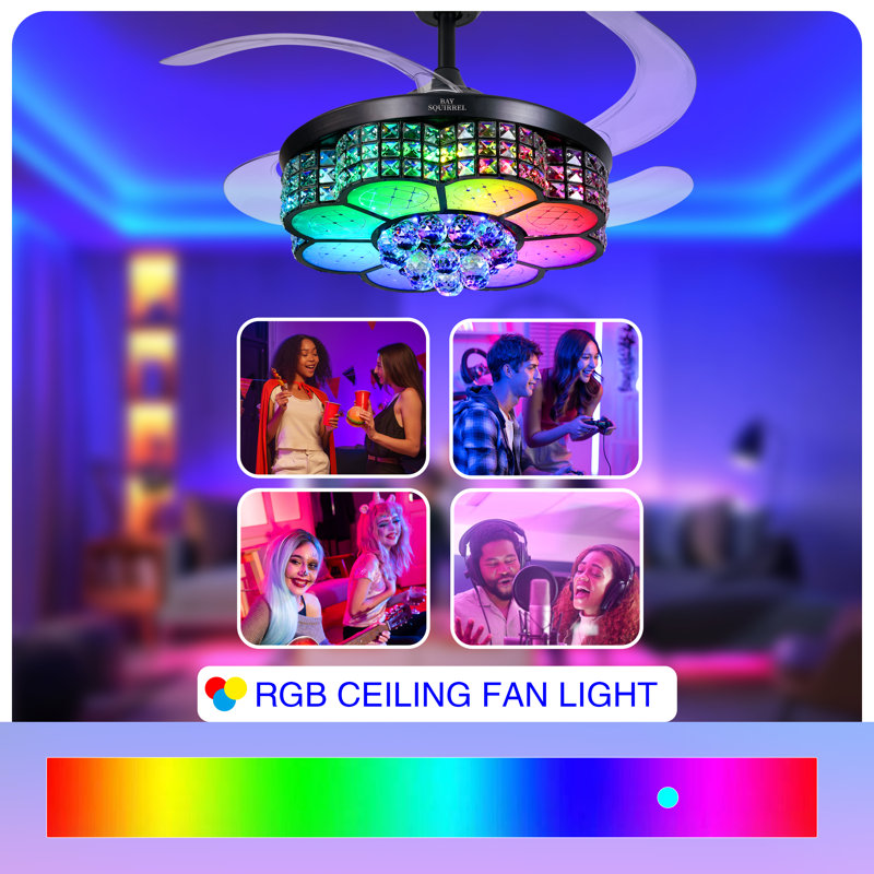 42-inch Retractable Room Decor Crystal Fan with Colorful Lighting, Built-in Speaker, Remote Control & App Control, 6-Speed Reversible Blades, 3-Color LED Dimmable Pendant Light Fan with Color Temperature Memory