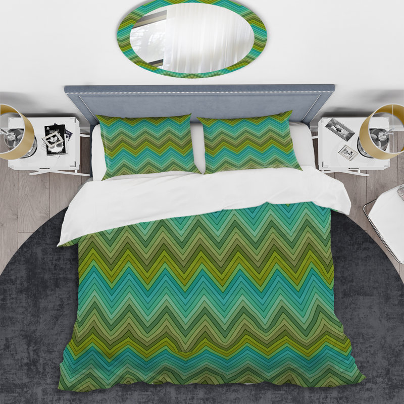 Green Horizontal Chevron - Abstract Duvet Cover Set - Microfiber Polyester