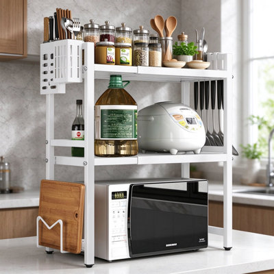 White Expandable 3-Tier Microwave Countertop Stand, Adjustable Height & Width Kitchen Pantry Organizer Rack with 6 Storage Hooks