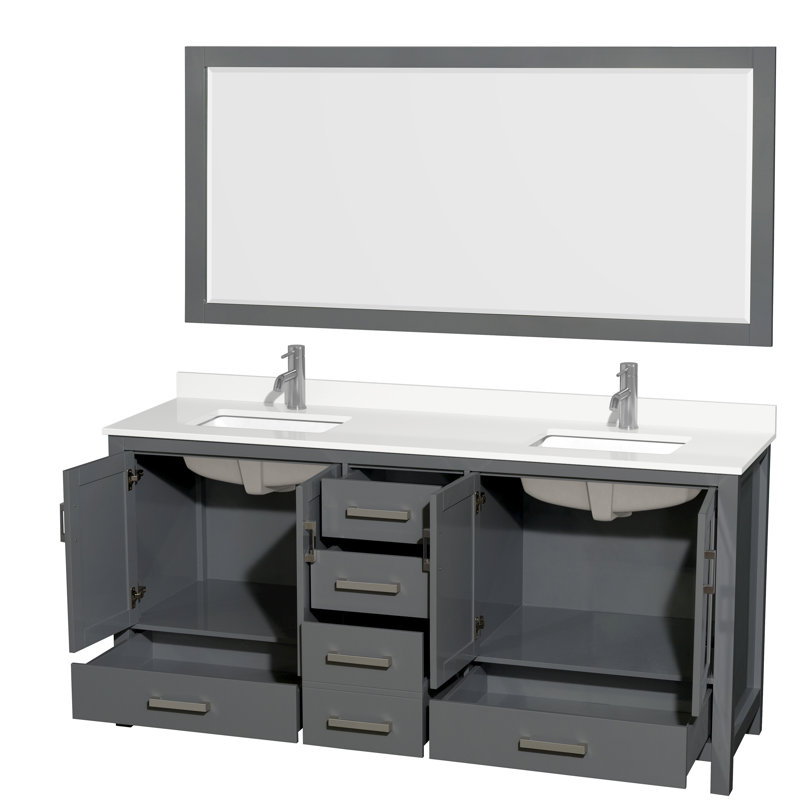 Sheffield 72" Freestanding Double Bathroom Vanity with Quartz Top with 70" Mirror, Chrome, Dark Gray, White Quartz