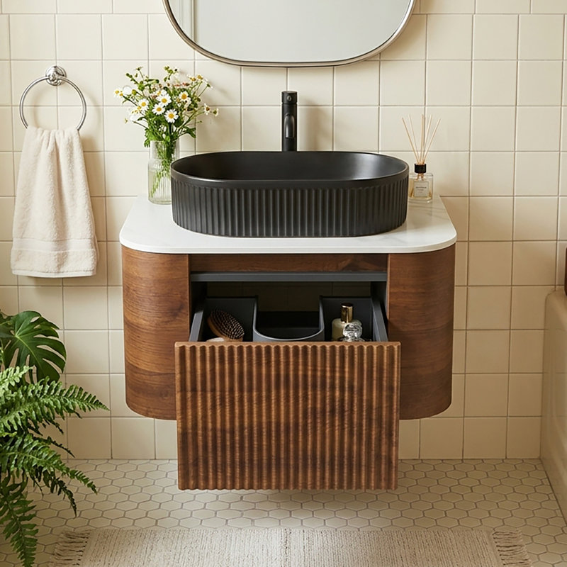 Meuble-lavabo mural 24 po avec comptoir en marbre, Noyer