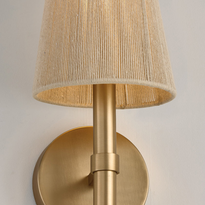 Applique murale 1 lumière l 5 po x H 14 po en laiton mat avec abat-jour en corde naturelle blanchie conique