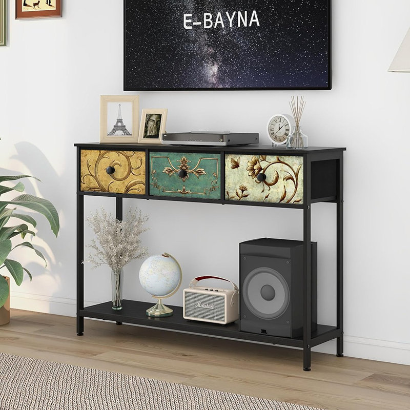 Black Metal Console Table with Retro Floral Fabric Drawers and Storage Shelf