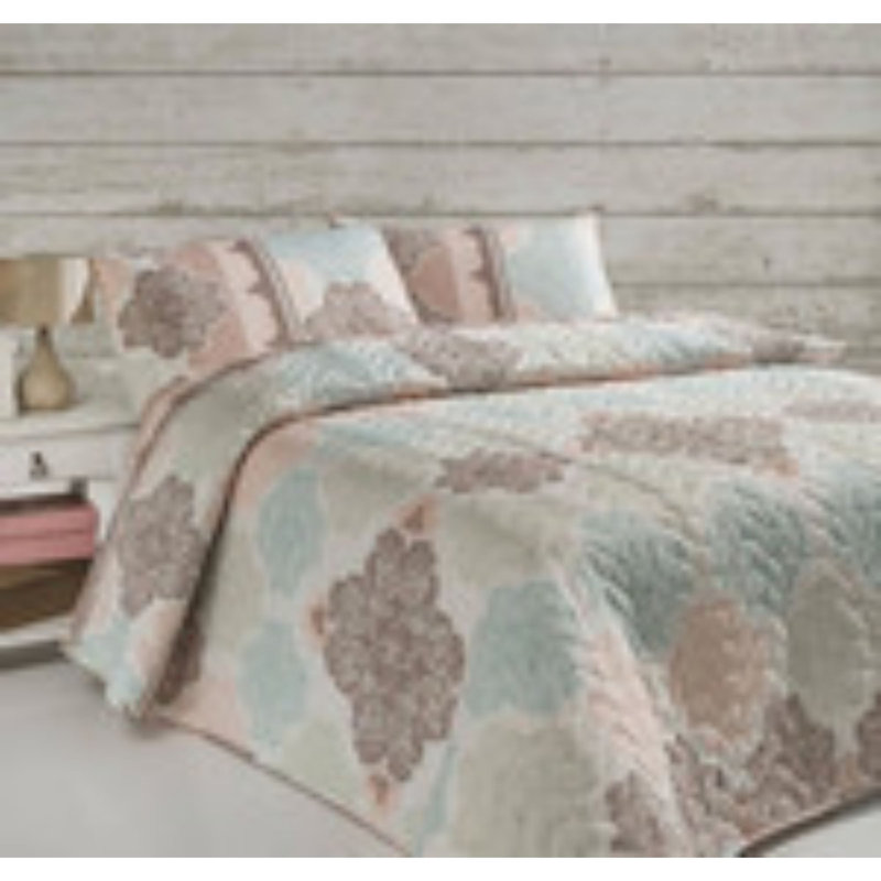 Luxurious King Quilted Bedspread, 76 x 80 inches | 65% Cotton / 35% Polyester Cover, 100% Fiber Filling | Soft Turquoise, Powder, Beige & White Colors | Machine Washable, Cozy & Stylish Bedding Essential