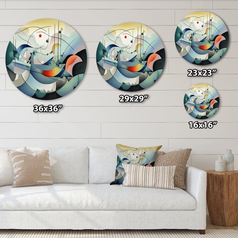 Orange And Blue Geometric Compositions - Abstract Geometric Round Wall Art on Metal, 23" H x 23" W x 1" D