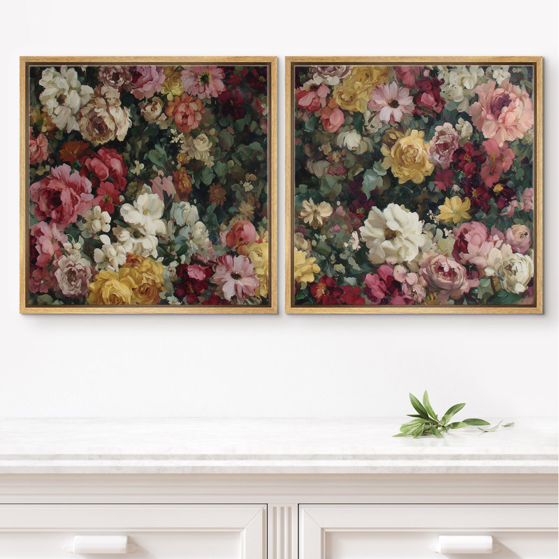 «Classic Blooming Rose Garden Floral», ensemble de 2 œuvres d'art encadrées, H 24 po x l 24 po, Cadre flottant naturel