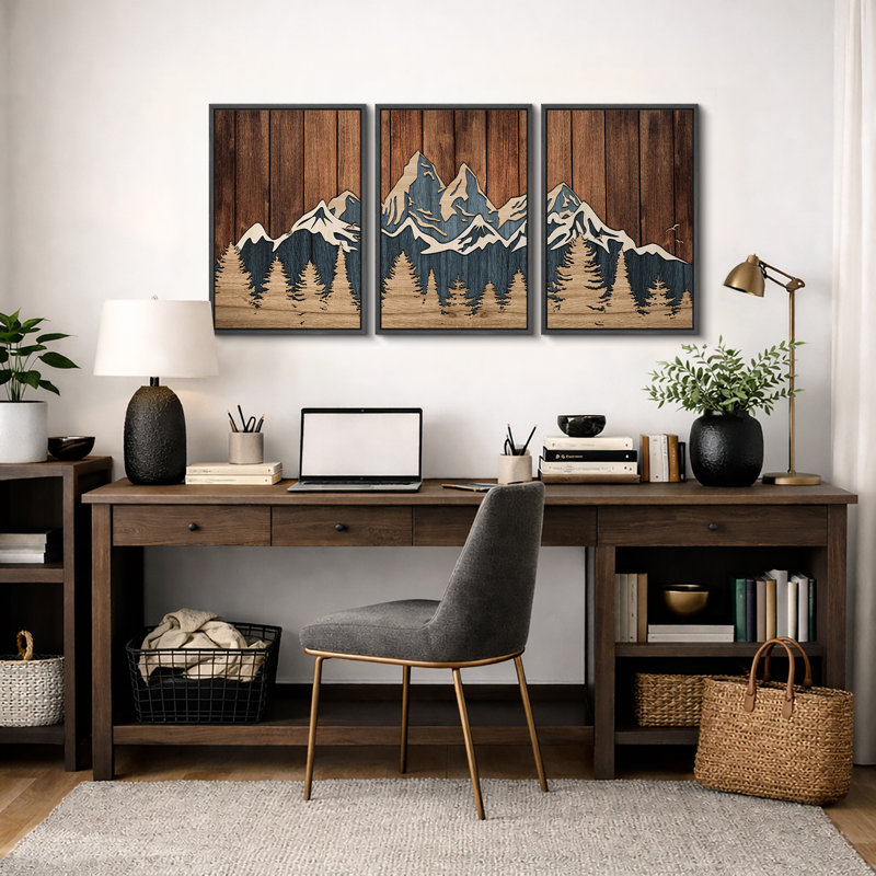 «Western Wood Effect Landscape», œuvre d'art de la forêt de montagne abstraite brune, images murales de cabane de ferme rustique, ensemble de 3 impressions sur toile encadrées
