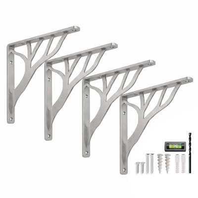 Rustic Tree Shelf L Brackets by Balin Designs (Chrome) for 6 inch - 8 inch Shelves - Heavy-Duty Decorative Metal Mantel Bracket Supports - Easy Installation with Included Hardware - Set of 4