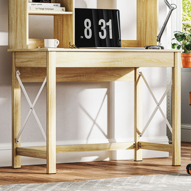 Bureau d'ordinateur avec rangement, table d'étude avec étagères, chêne