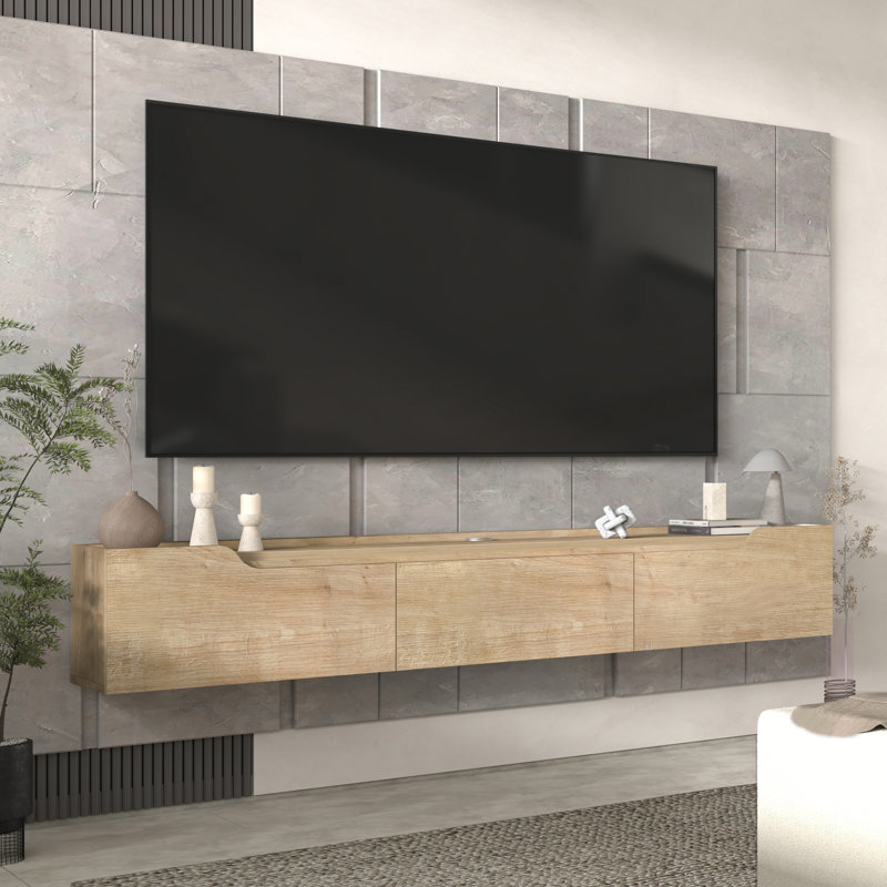Eva Wall-Mounted Media Console TV Stand For 80" TVs, Oak Wood