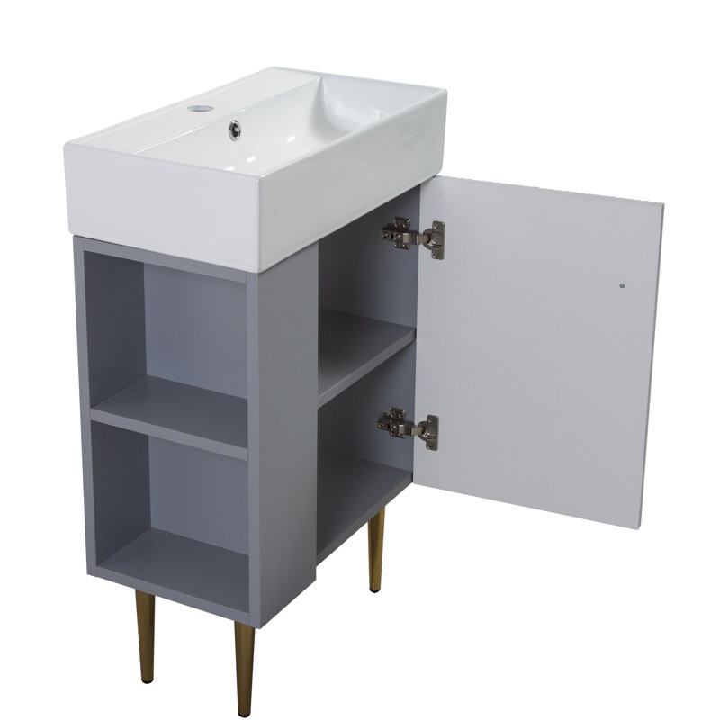 Meuble-lavabo de 21,6 po avec finition grise, lavabo en céramique, porte à fermeture en douceur, tablettes ouvertes, matériau, entretien facile avec accents en cuivre brossé à motif de vagues, armoires latérales, pour nettoyer la surface