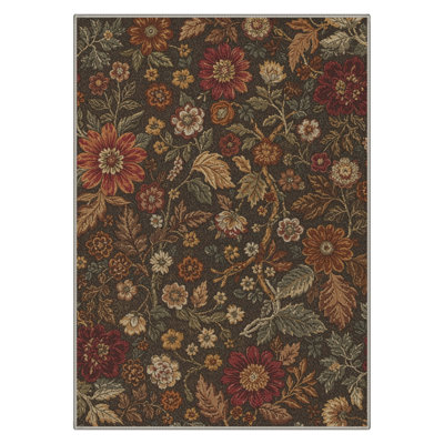 Ammons Blossom Floral Machine Washable Brown / Green / Red Indoor Area Rug With Non-Slip Backing