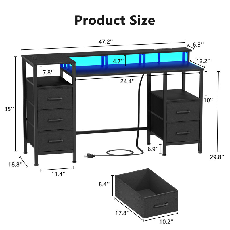 Computer Desk with Monitor Stand & Charging Station, Gaming Desk with LED Lights & Drawers, Black