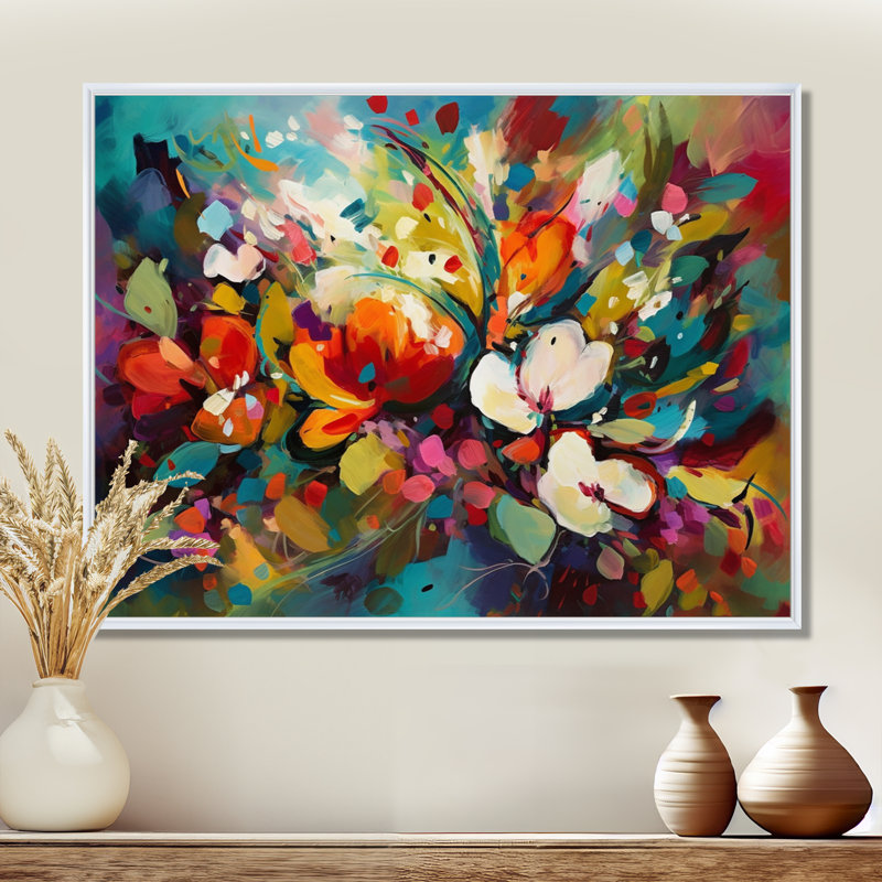 Rynette Red Vibrant Garden Symphony III - Art mural floral, H 16 po x l 32 po x P 1 po, Cadre flottant blanc