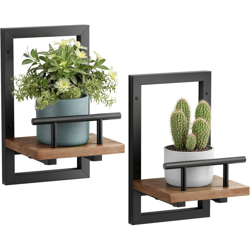 Floating Plant Shelves For Wall, 2-Pack Metal Frame Indoor Wall Shelves With Guardrail For Potted Plants, Home Decor In Living Room, Bedroom, Kitchen, Office, Bathroom