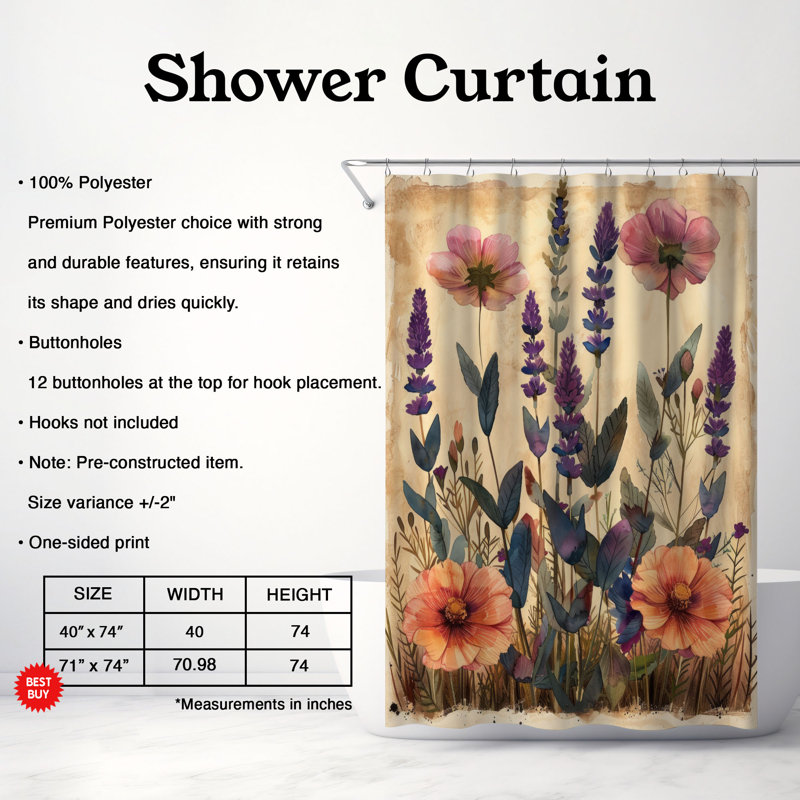 Rideau de douche floral 1 pièce, H 74 po x l 71 po
